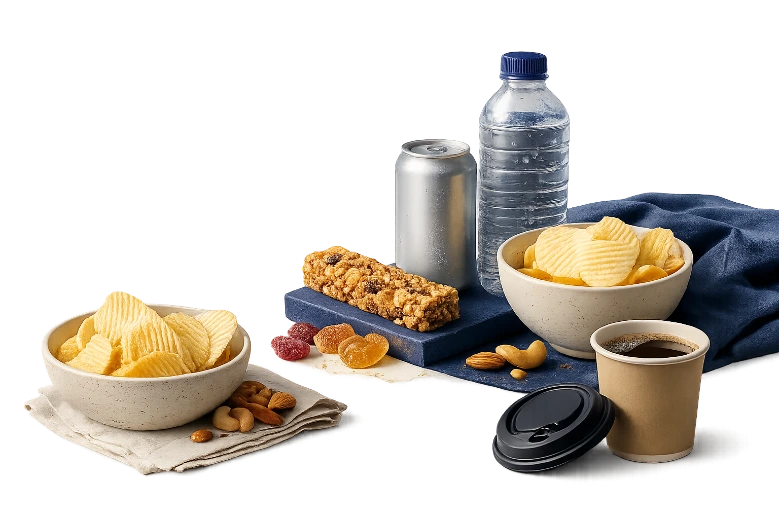 Selección de productos alimenticios y snacks (bebidas, galletas, aperitivos) en los dispensadores automáticos Shopifast