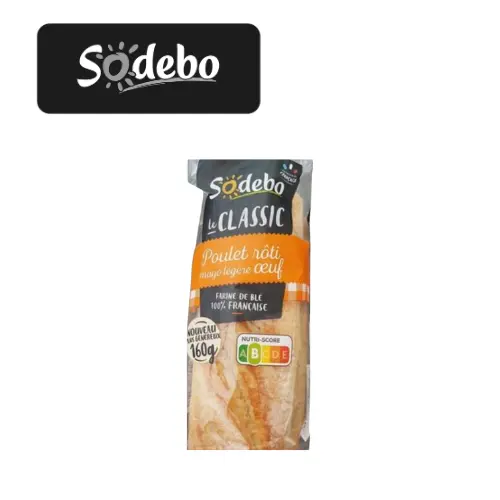 SODEBO SANDWICH LE CLASSIQUE BAGUETTE POULET OEUF MAYO 160G